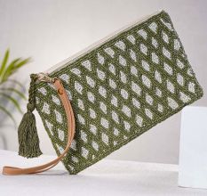 Green Beaded Cotton Clutch Hand Bag For Women 